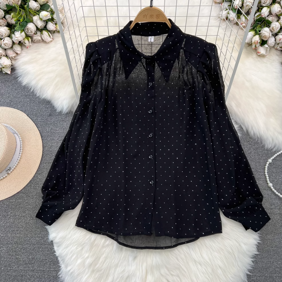 Rhinestone Studded Black Shirt & Skirt 2Pcs