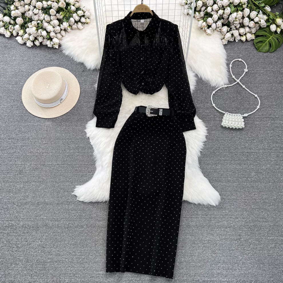 Rhinestone Studded Black Shirt & Skirt 2Pcs