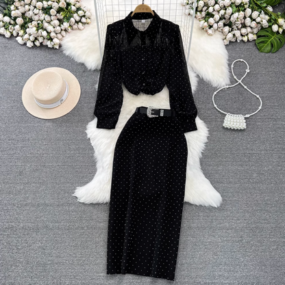 Rhinestone Studded Black Shirt & Skirt 2Pcs