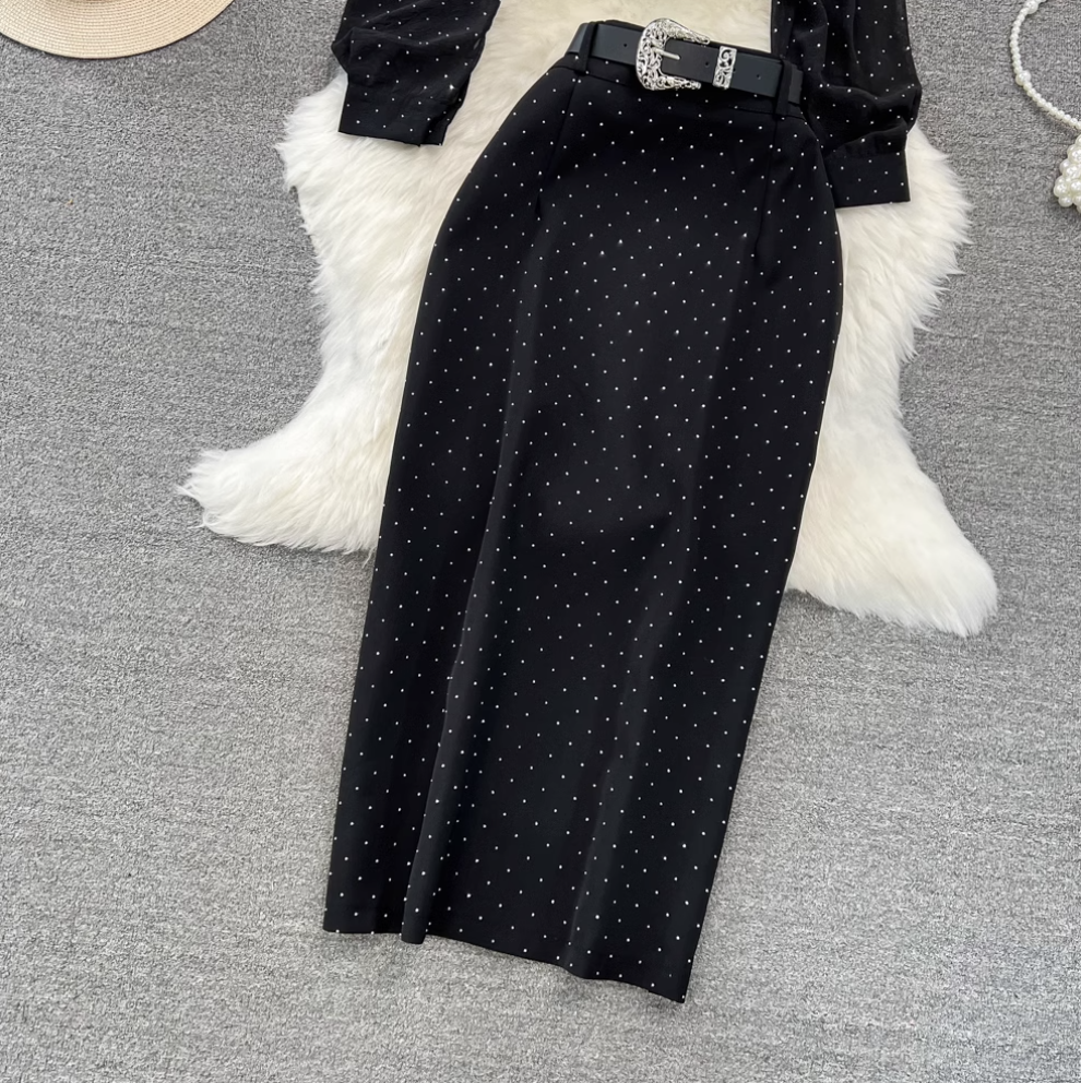 Rhinestone Studded Black Shirt & Skirt 2Pcs