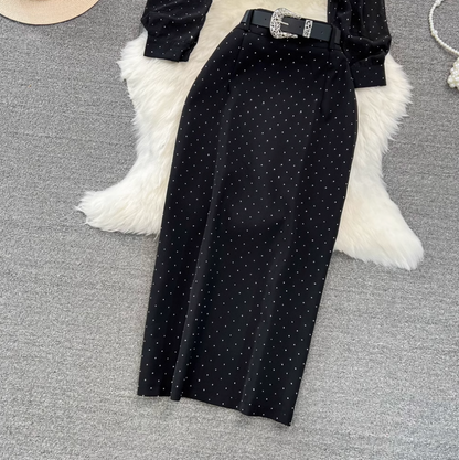 Rhinestone Studded Black Shirt & Skirt 2Pcs