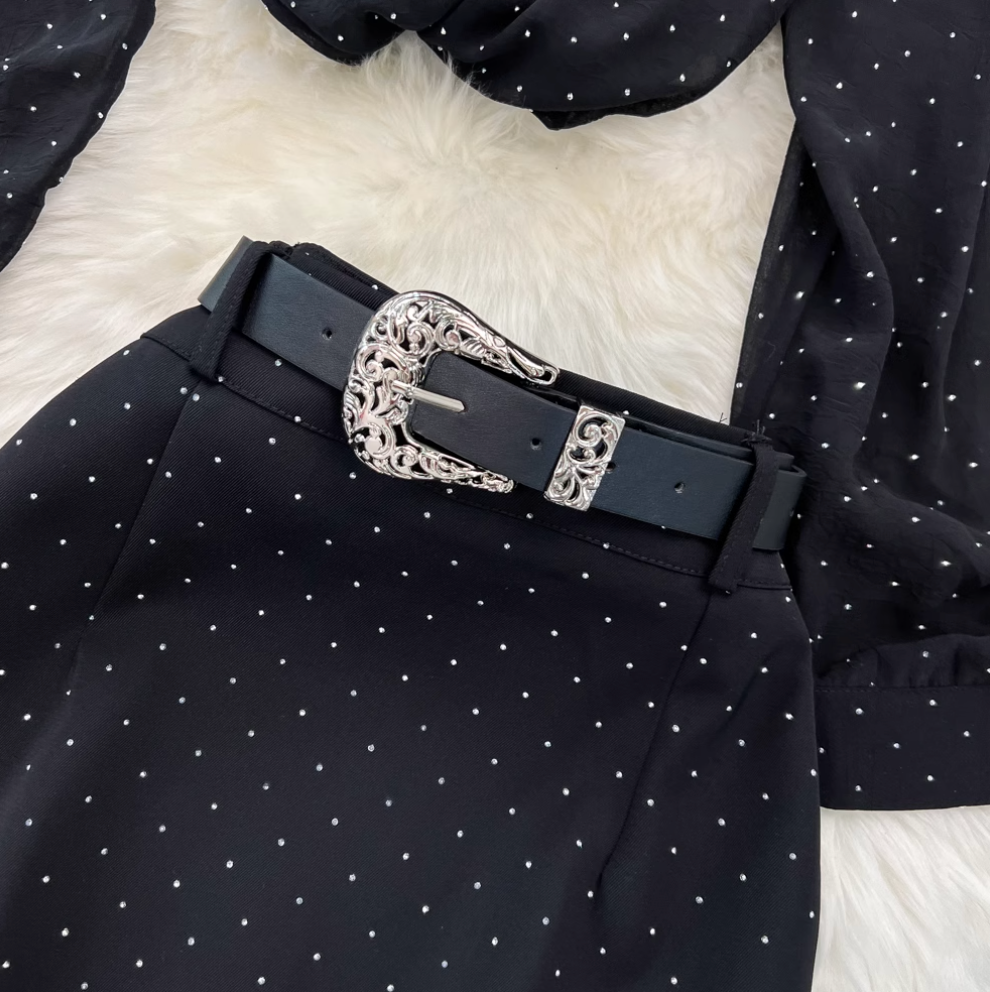 Rhinestone Studded Black Shirt & Skirt 2Pcs