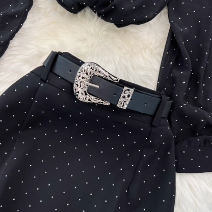 Rhinestone Studded Black Shirt & Skirt 2Pcs