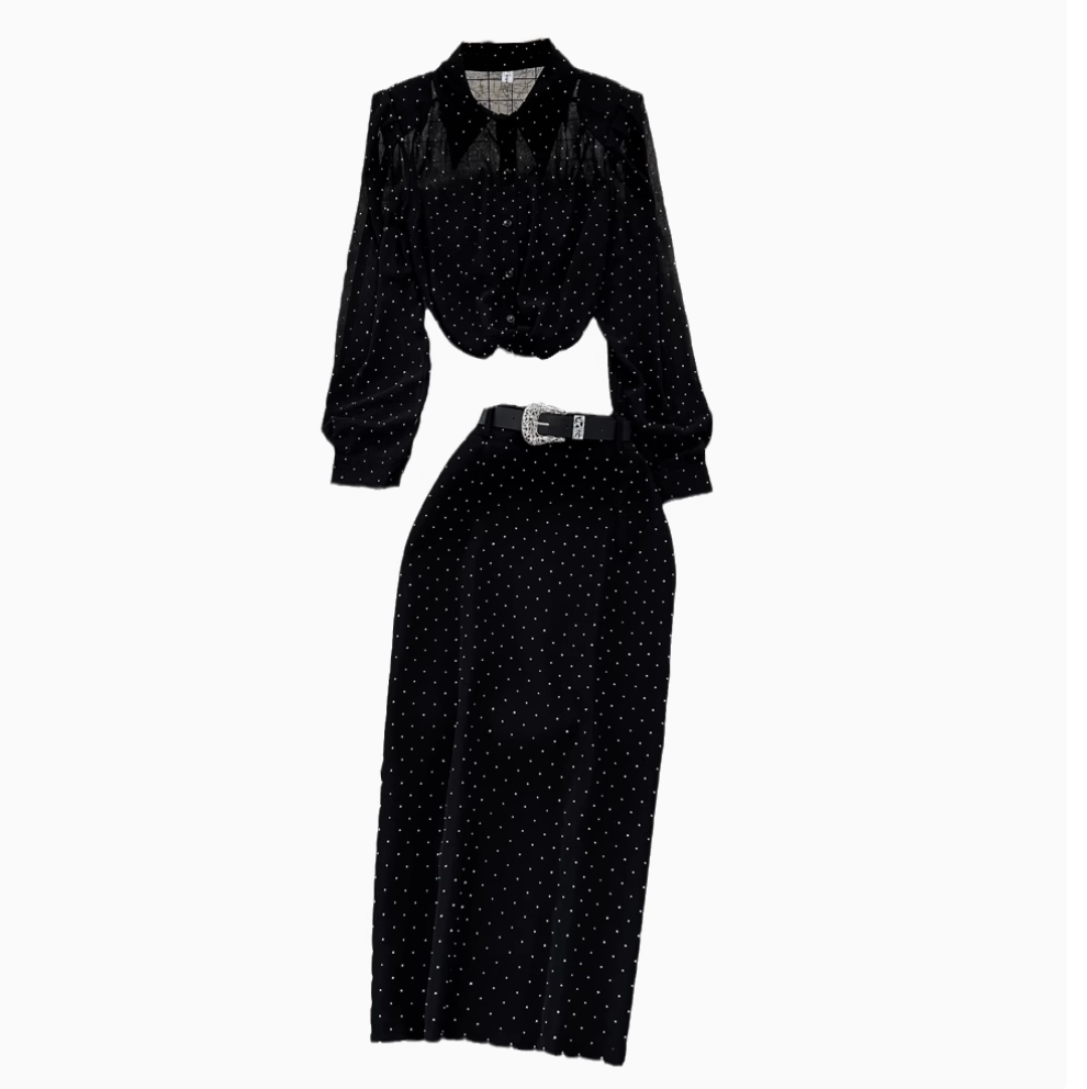 Rhinestone Studded Black Shirt & Skirt 2Pcs