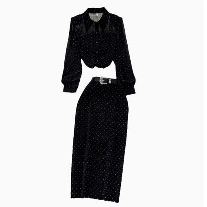 Rhinestone Studded Black Shirt & Skirt 2Pcs
