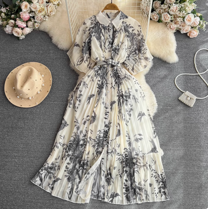 Lapeled Floral Printed Shirt Dress