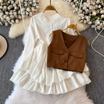 Ruffled Shirt Dress & Suede Vest 2Pcs