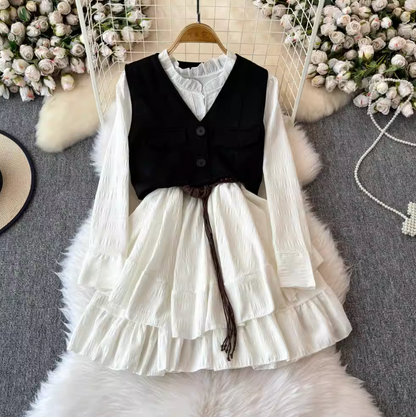 Ruffled Shirt Dress & Suede Vest 2Pcs