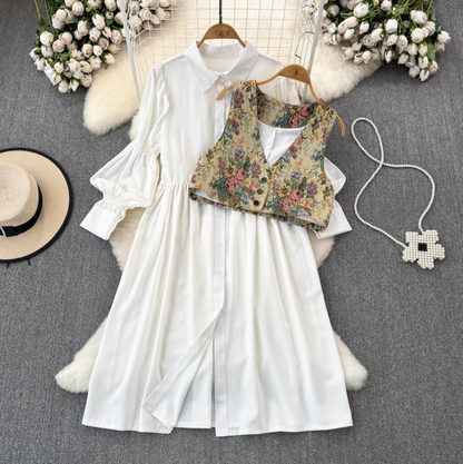 Floral Print Camisole & Button-Up Shirt Dress Set