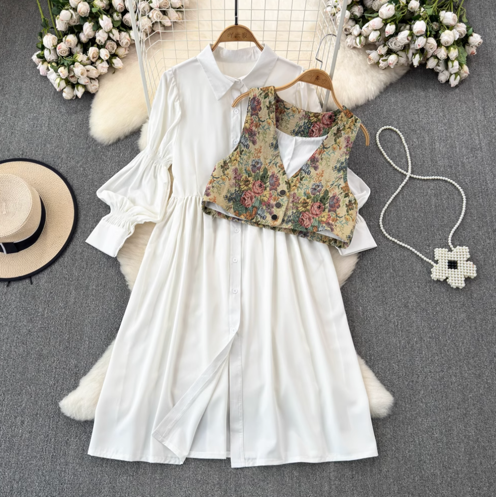 V-neck Floral Camisole & Shirt Dress 2Pcs