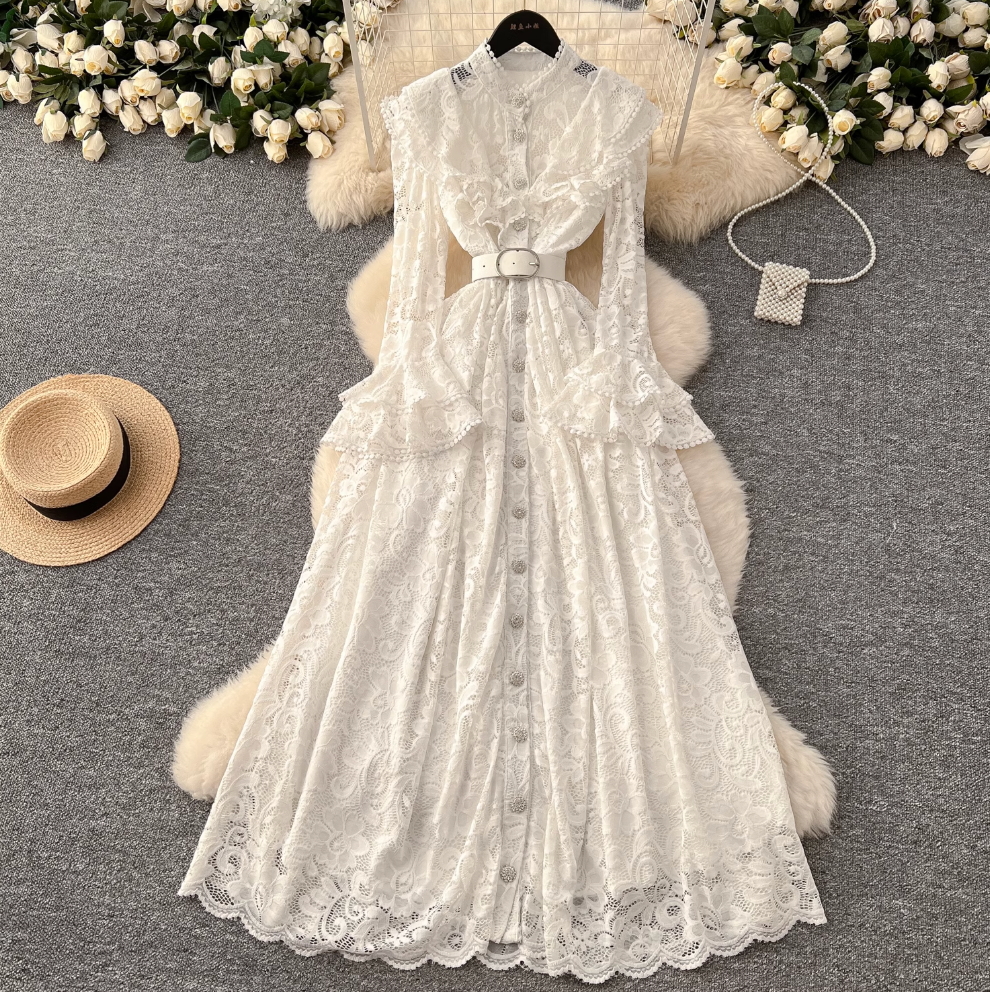 Premium Ruffled Embroidered Lace Shirt Dress