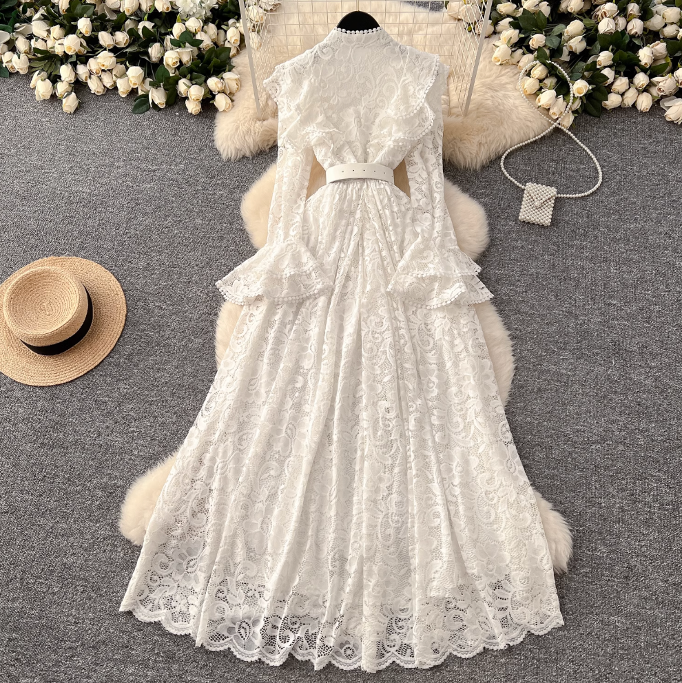Premium Ruffled Embroidered Lace Shirt Dress