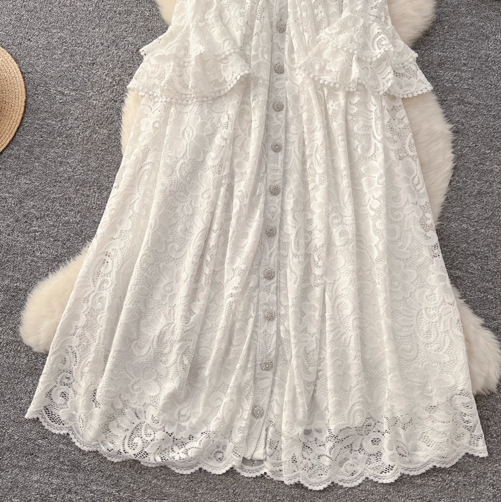 Premium Ruffled Embroidered Lace Shirt Dress