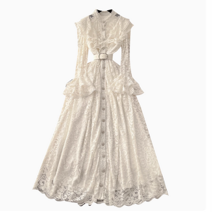 Premium Ruffled Embroidered Lace Shirt Dress