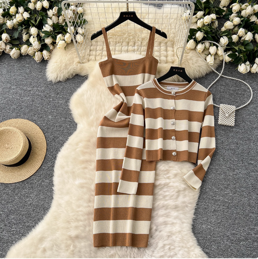 Striped Cardigan & Slip Dress Ensemble