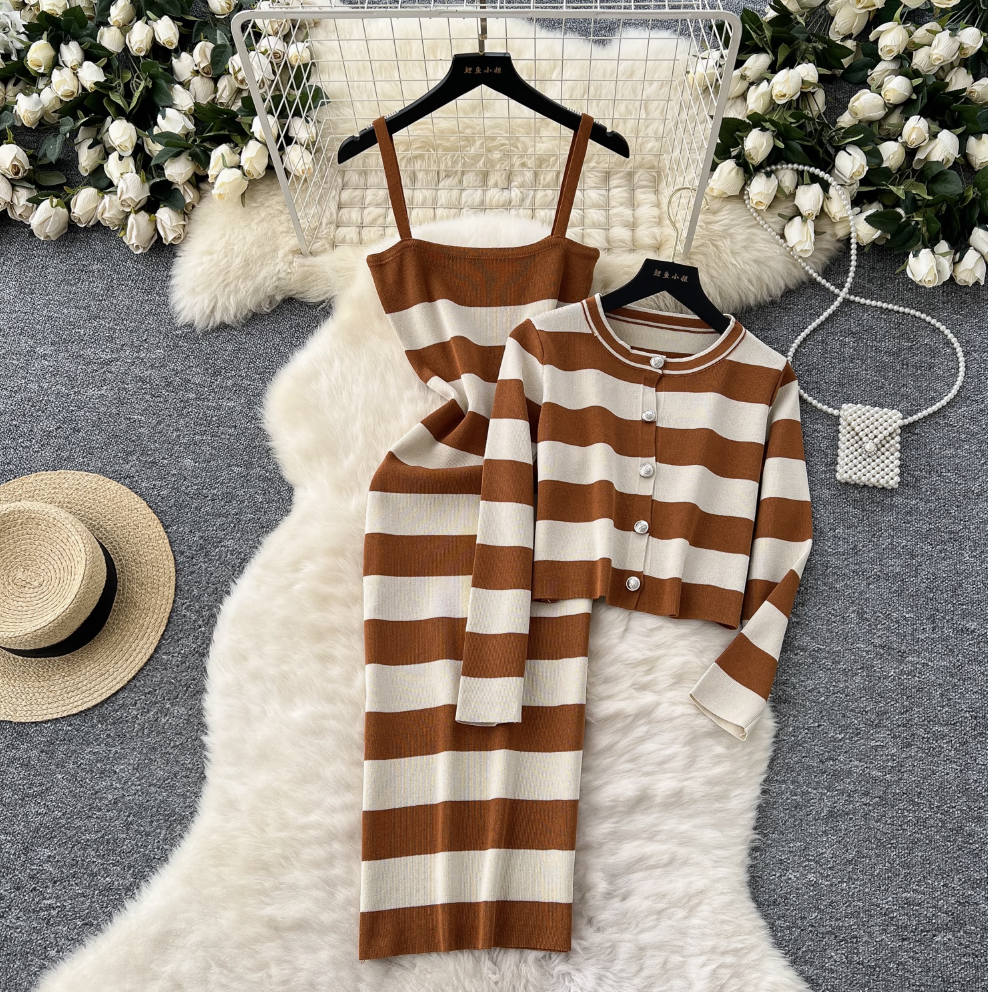 Striped Cardigan & Slip Dress Ensemble