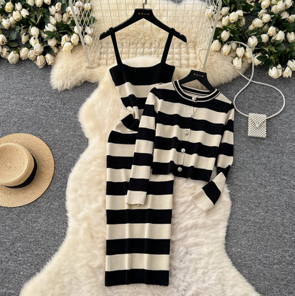 Striped Cardigan & Slip Dress Ensemble