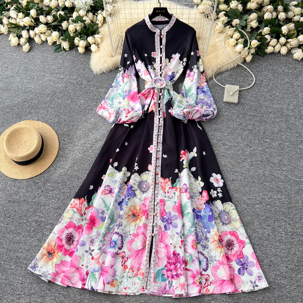 Vintage Flared Sleeve Floral Dress