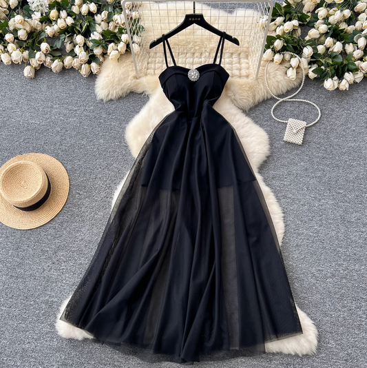 Premium Black Puffy Mesh Slip Dress
