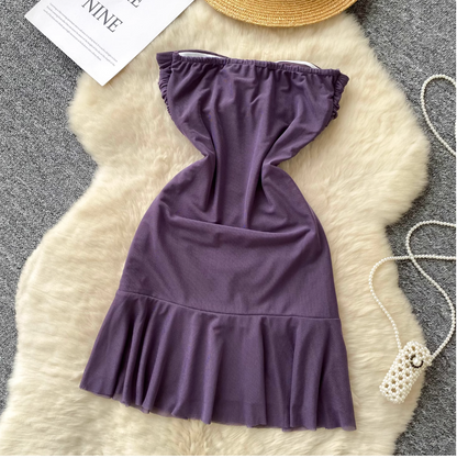 Off-shoulder Solid Color Ruffled Dress