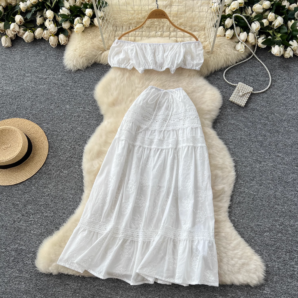 Mini Top & Embroidered Skirt White 2Pcs