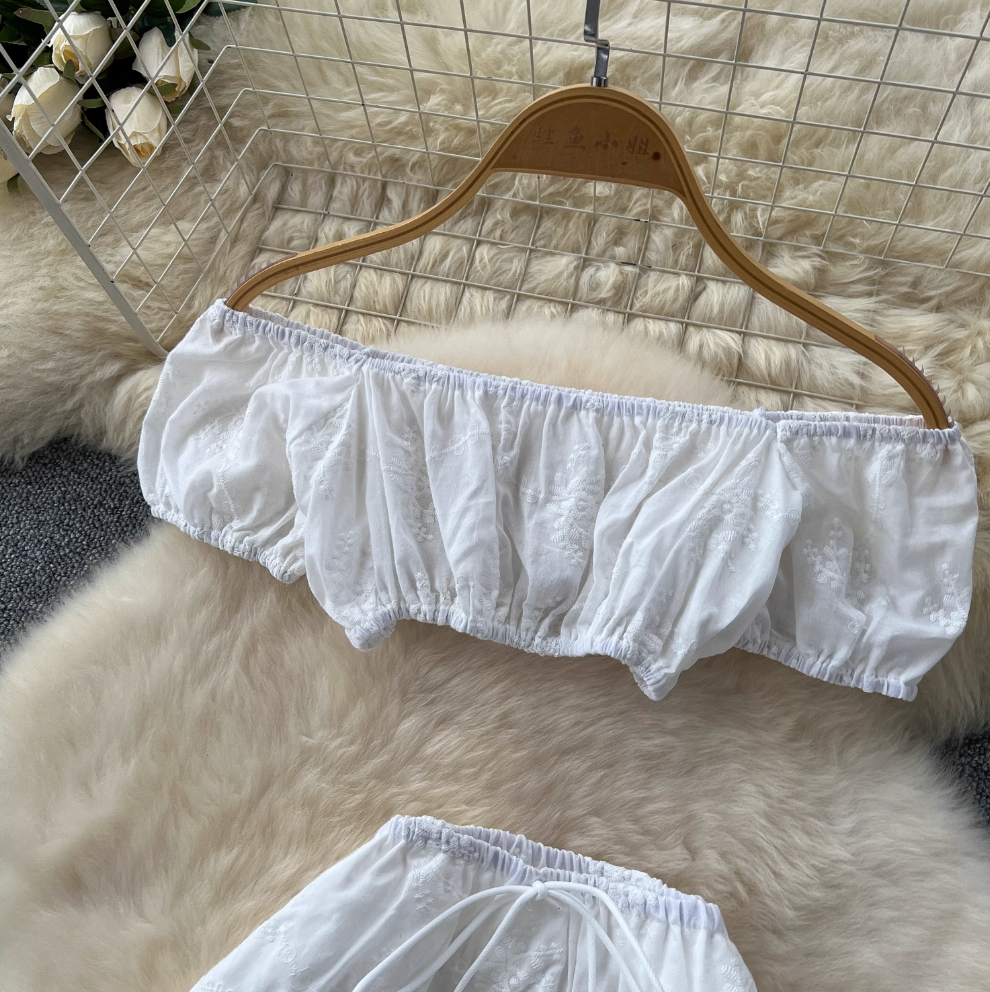 Mini Top & Embroidered Skirt White 2Pcs