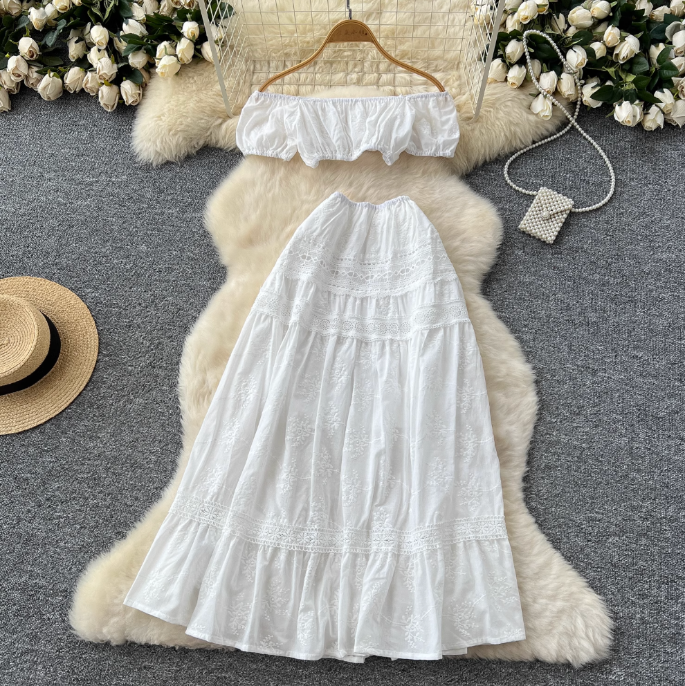 Mini Top & Embroidered Skirt White 2Pcs