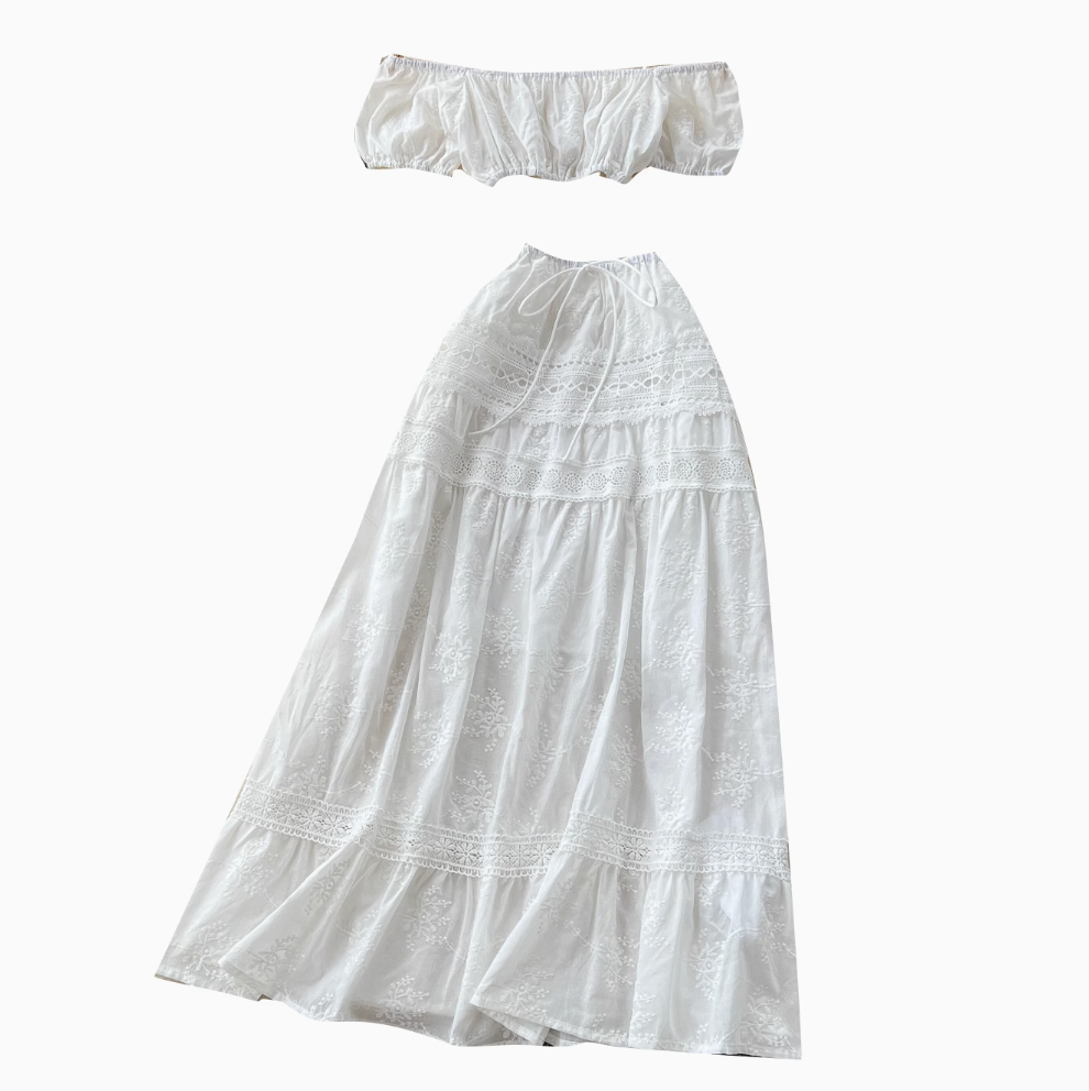 Mini Top & Embroidered Skirt White 2Pcs