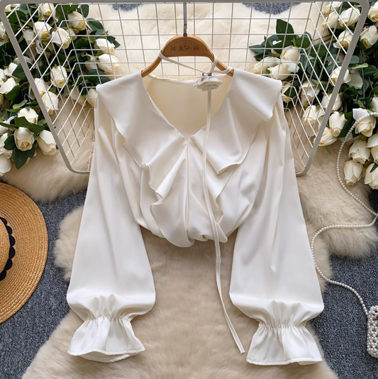 V-neck Flared Sleeve Ruffled Top