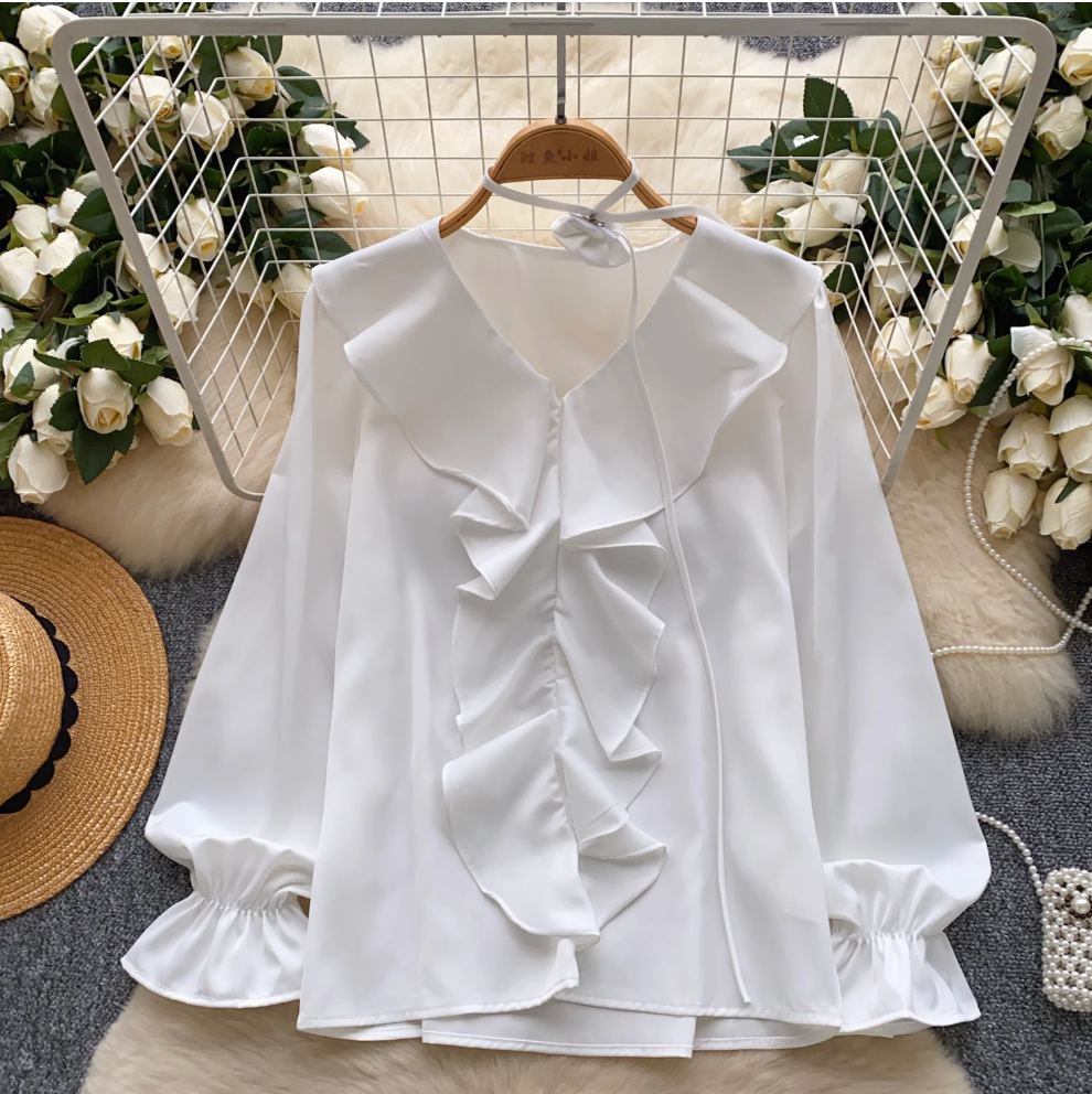 V-neck Flared Sleeve Ruffled Top