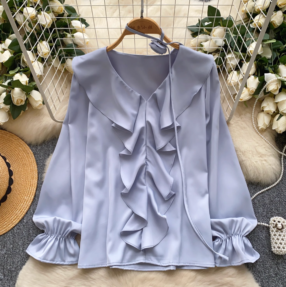 V-neck Flared Sleeve Ruffled Top