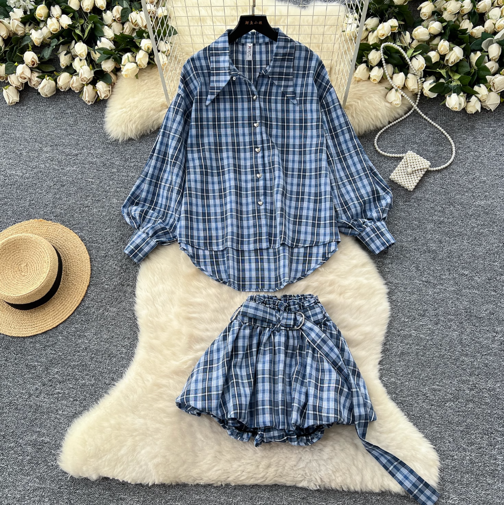 Oversized Shirt & Puffy Shorts Plaid 2Pcs