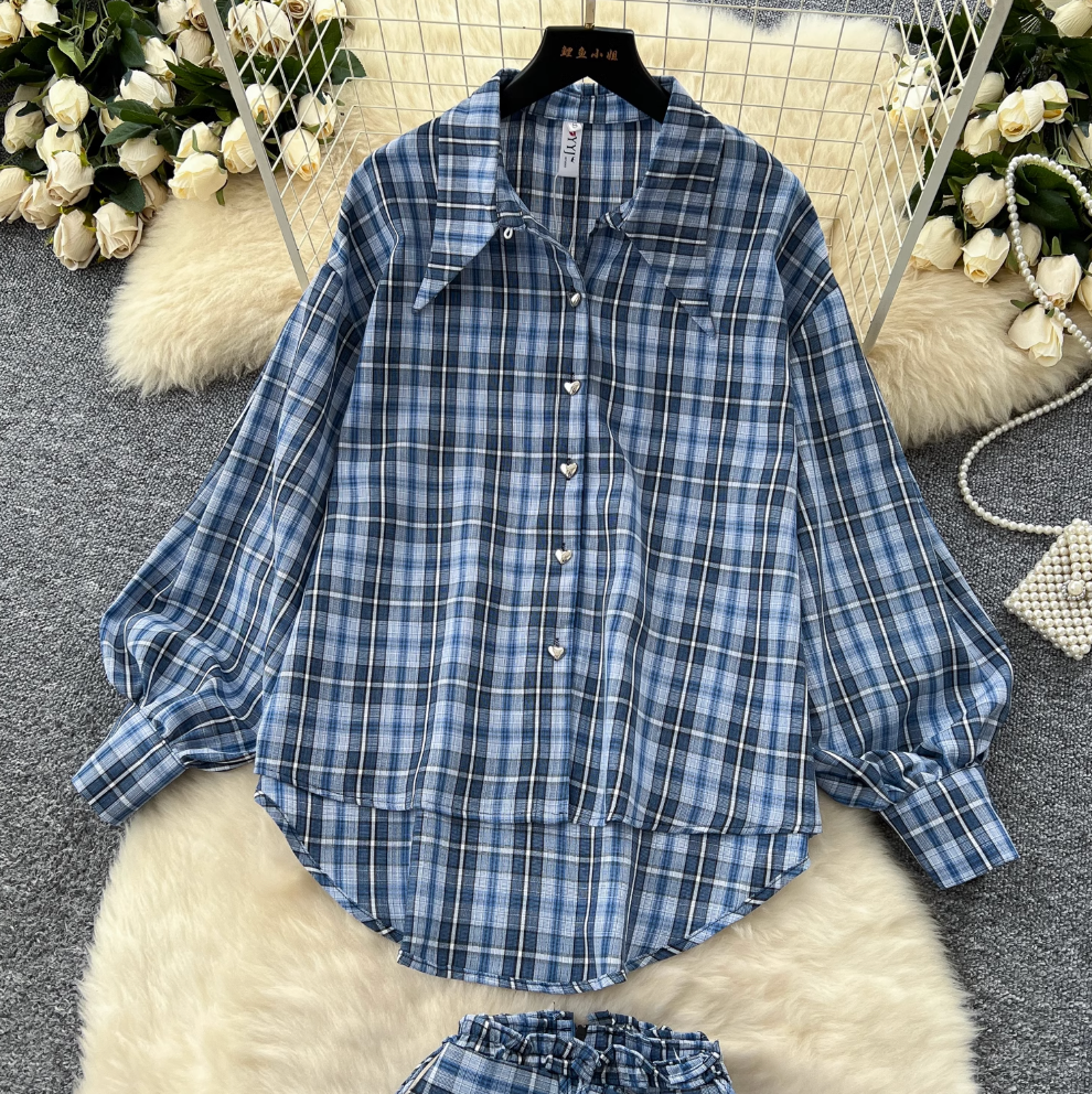 Oversized Shirt & Puffy Shorts Plaid 2Pcs