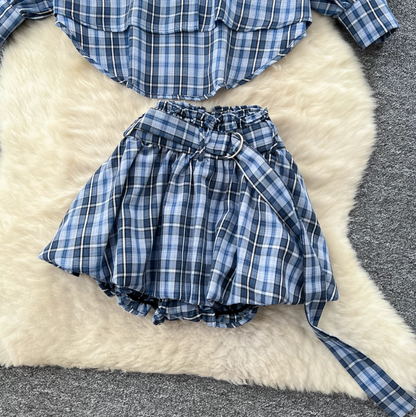 Oversized Shirt & Puffy Shorts Plaid 2Pcs