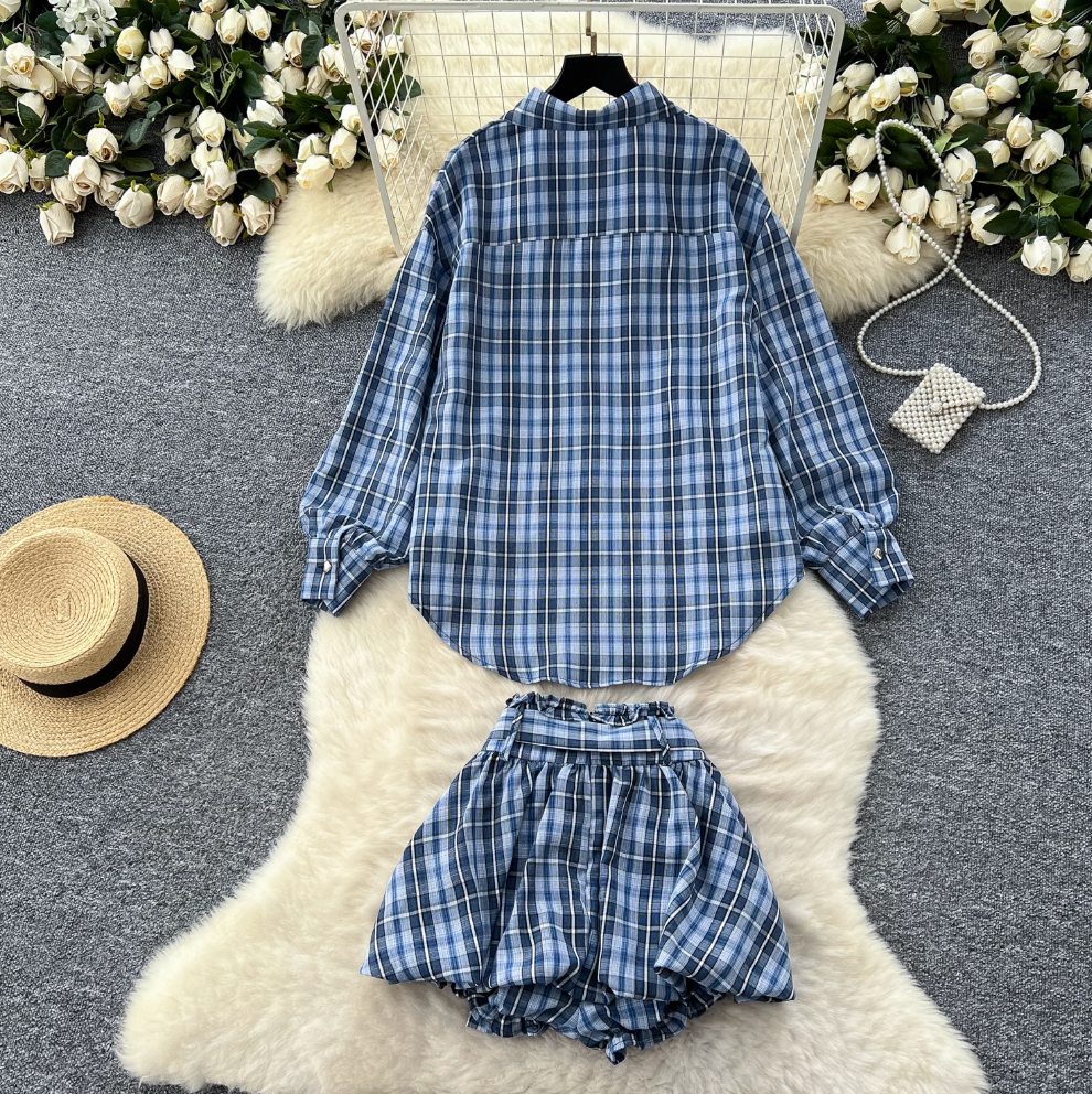 Oversized Shirt & Puffy Shorts Plaid 2Pcs