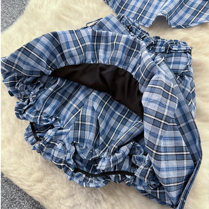 Oversized Shirt & Puffy Shorts Plaid 2Pcs