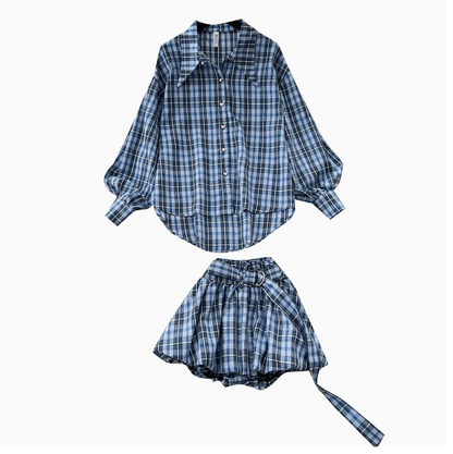 Oversized Shirt & Puffy Shorts Plaid 2Pcs