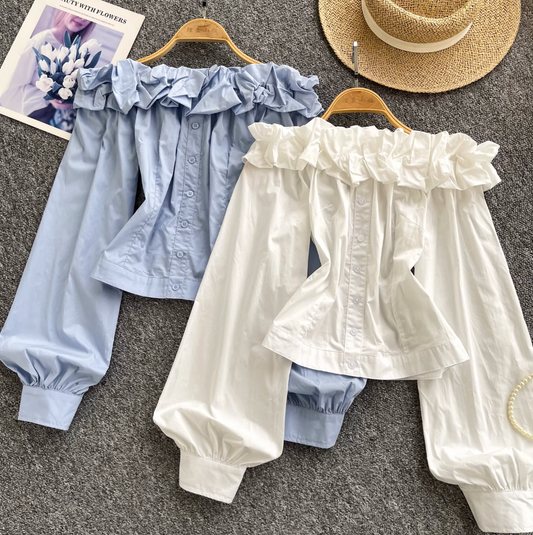 Off-shoulder Ruffled Single-breasted Shirt