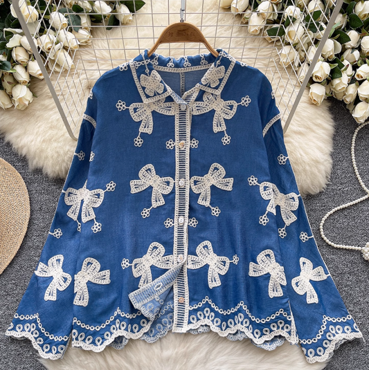 Vintage Embroidered Bow-tie Shirt