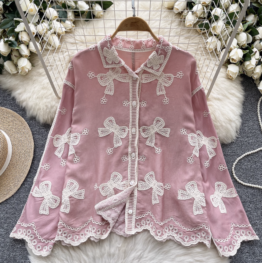 Vintage Embroidered Bow-tie Shirt