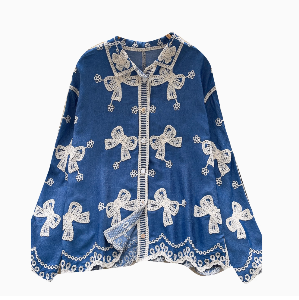 Chemise vintage brodée à boutonnage simple