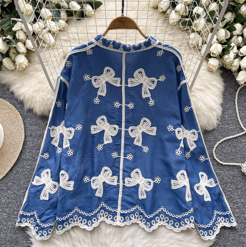 Vintage Embroidered Bow-tie Shirt