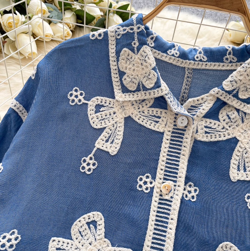 Chemise vintage brodée à boutonnage simple