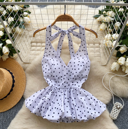V-neck Polka Dot Ruffled Halter Top