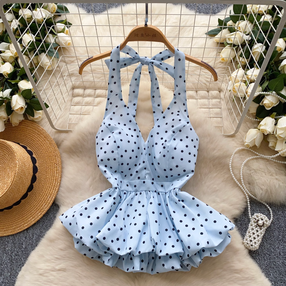 V-neck Polka Dot Ruffled Halter Top