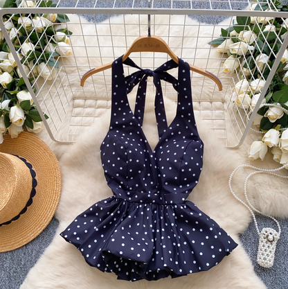 V-neck Polka Dot Ruffled Halter Top