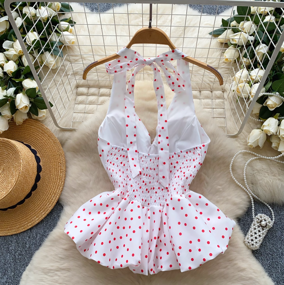 V-neck Polka Dot Ruffled Halter Top