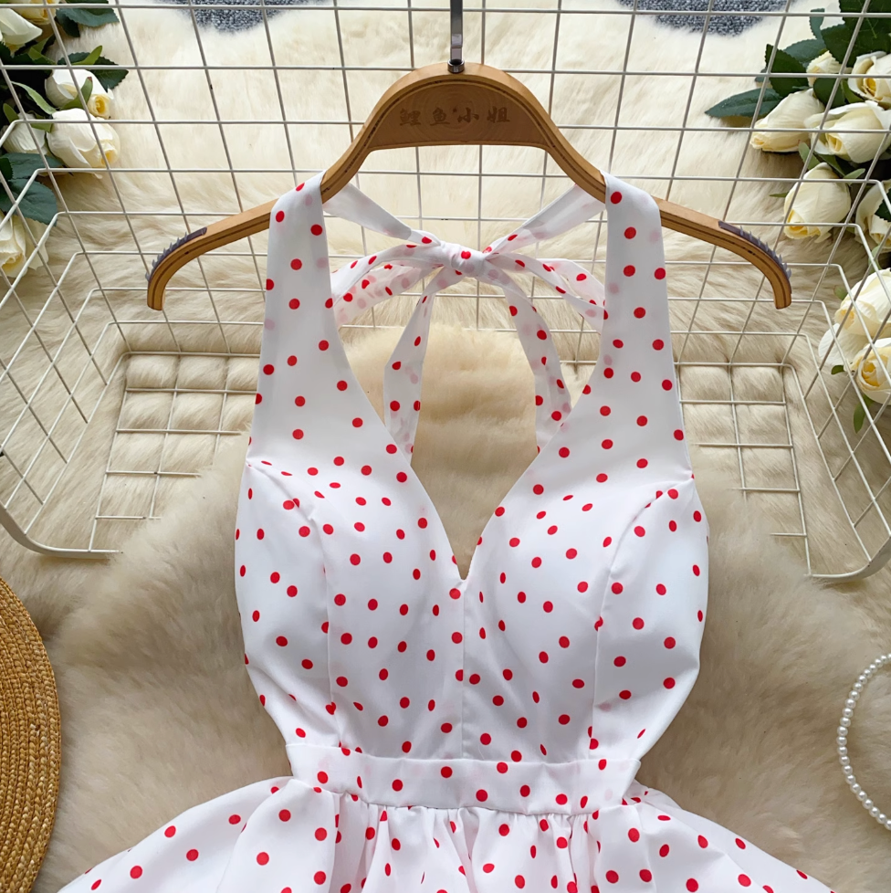 V-neck Polka Dot Ruffled Halter Top