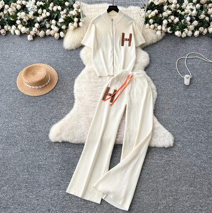 Zipped Cardigan & Wide-leg Trousers Knitted 2Pcs