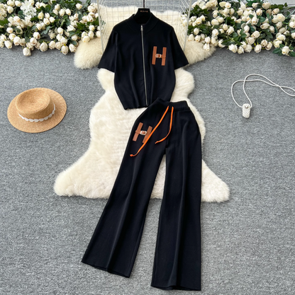 Zipped Cardigan & Wide-leg Trousers Knitted 2Pcs